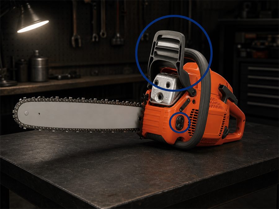 Husqvarna chainsaw on the bench with the cover off
