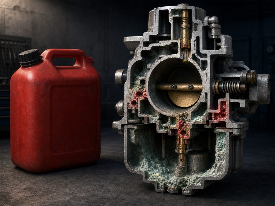 Corroded carburetor cutaway next to a fuel can