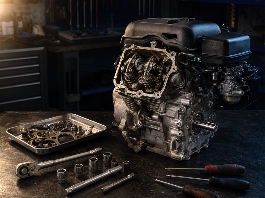 Small engine opened on the service bench