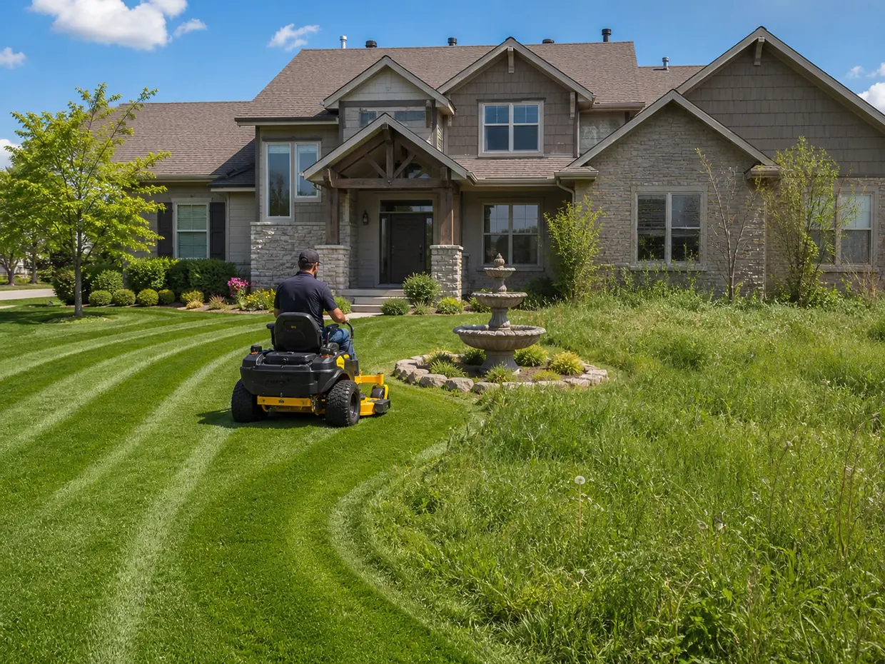 A Hustler zero-turn mower cutting stripes into a front lawn, the mown half sharp and green, the uncut half overgrown