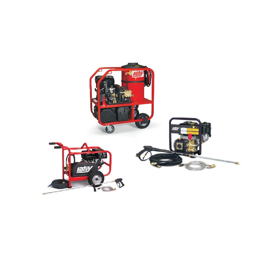 Hotsy hot water pressure washers lined up in the service bay