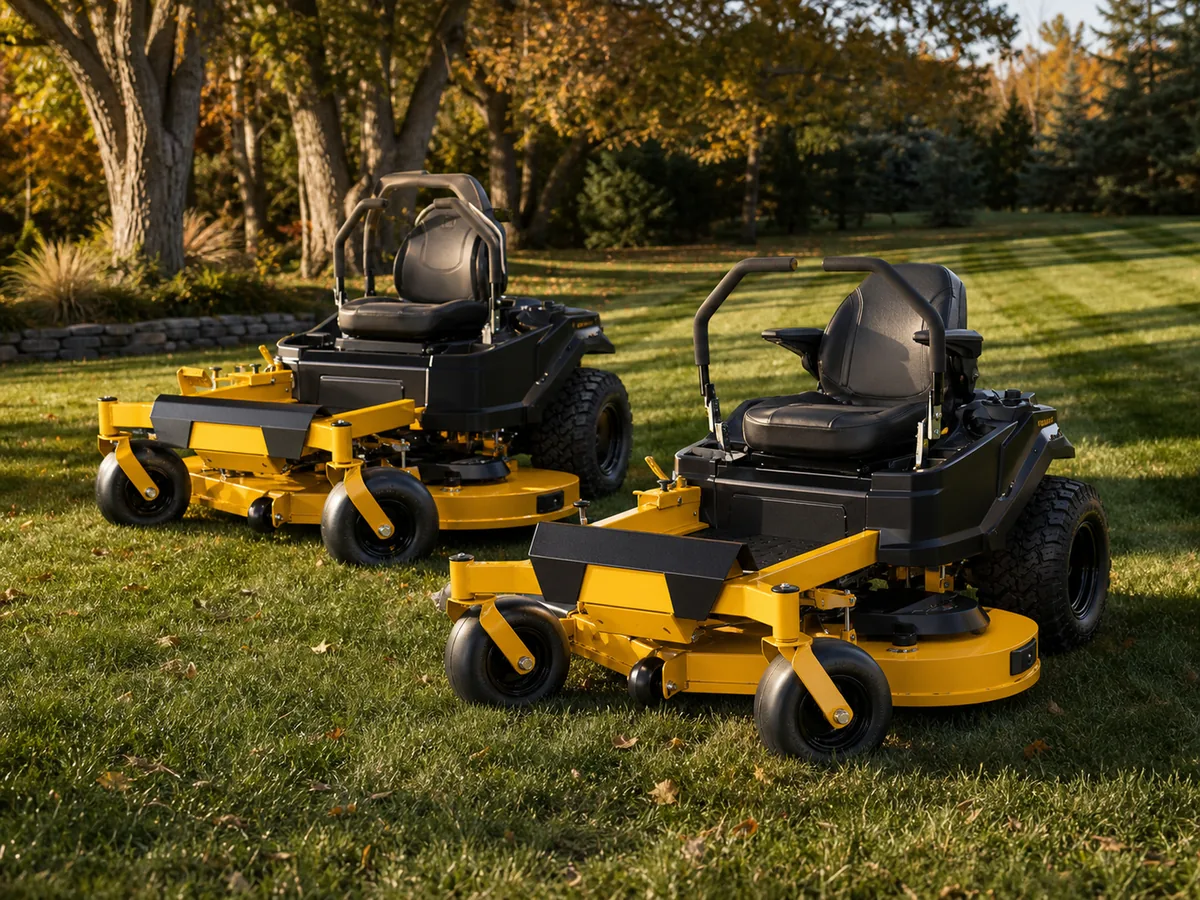 Hustler zero-turn mowers on a fall Colorado lawn