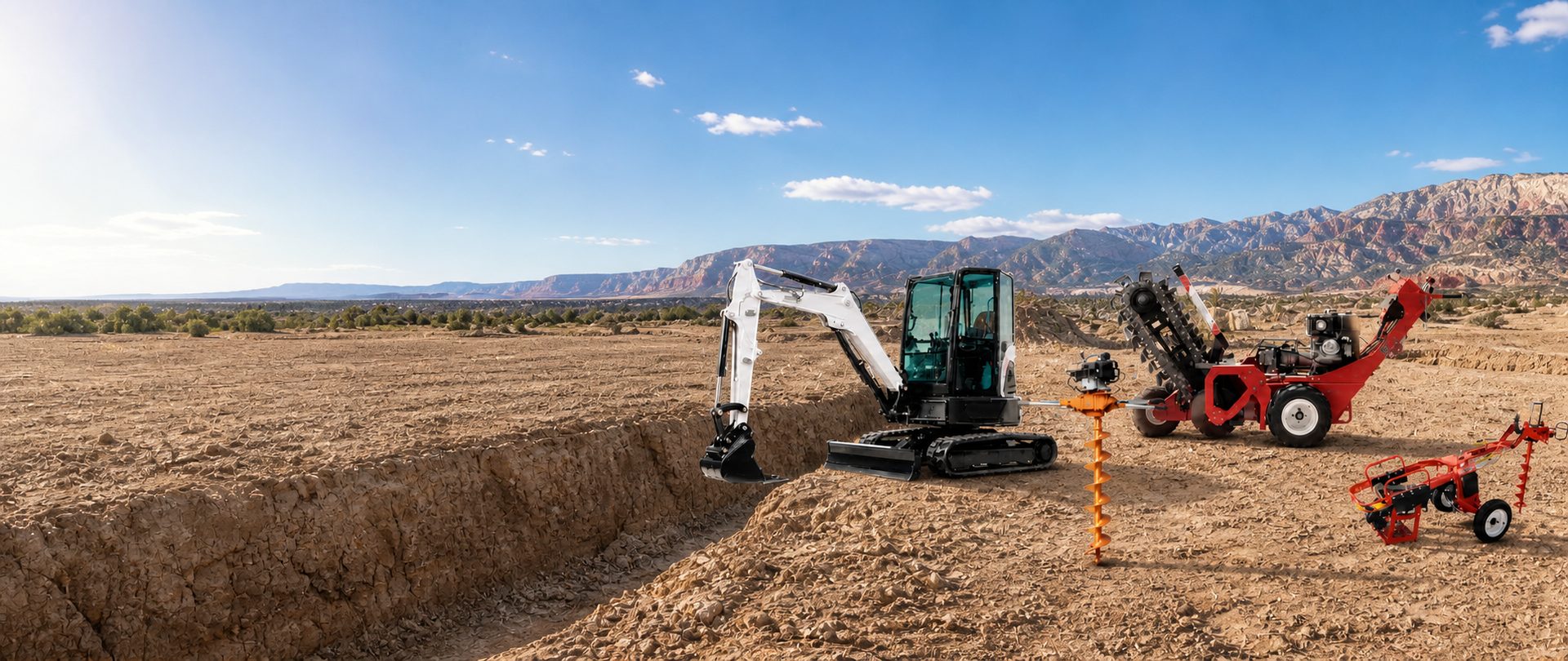 Mini excavator with auger and walk-behind trencher