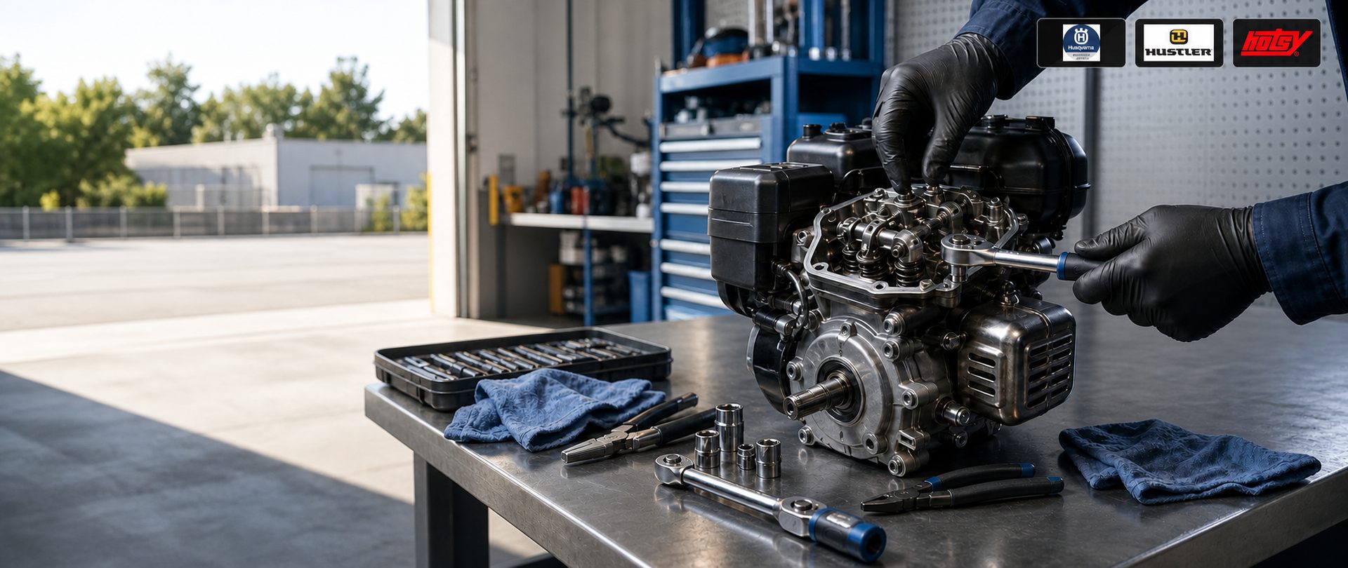 Small engine service bench at an authorized Husqvarna, Hustler and Hotsy dealer